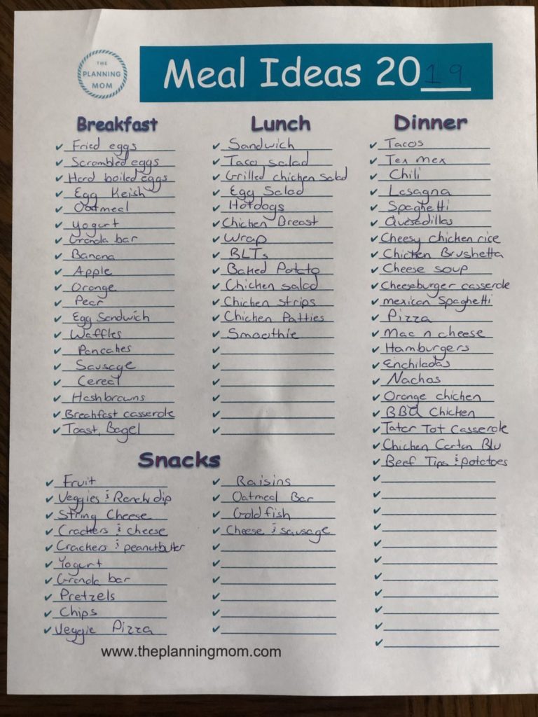 Save time by having a meal idea list handy. Fill your list with cheap meal ideas to stay on your budget.