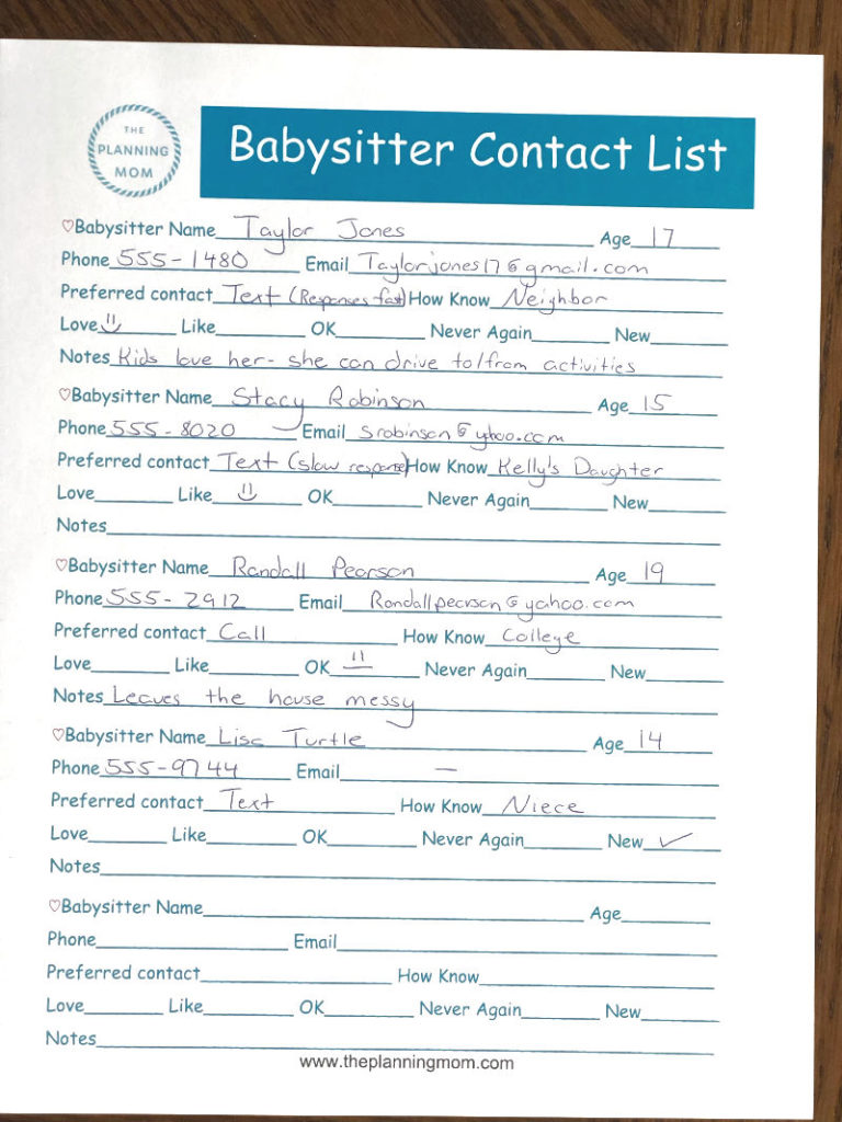 New Babysitter Tips, preparing for a new babysitter, babysitter contact list, 