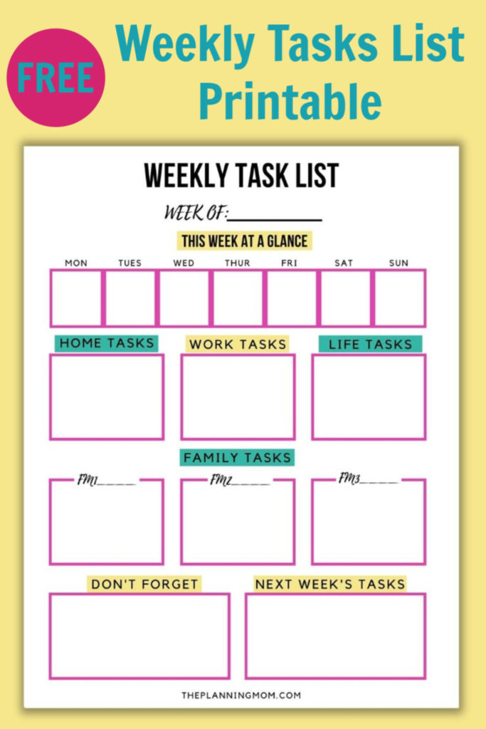 Weekly tasks list, free weekly planning printable, weekly task worksheet