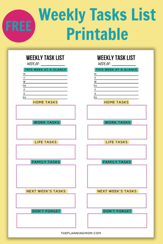 Weekly tasks list, free weekly planning printable, weekly task worksheet