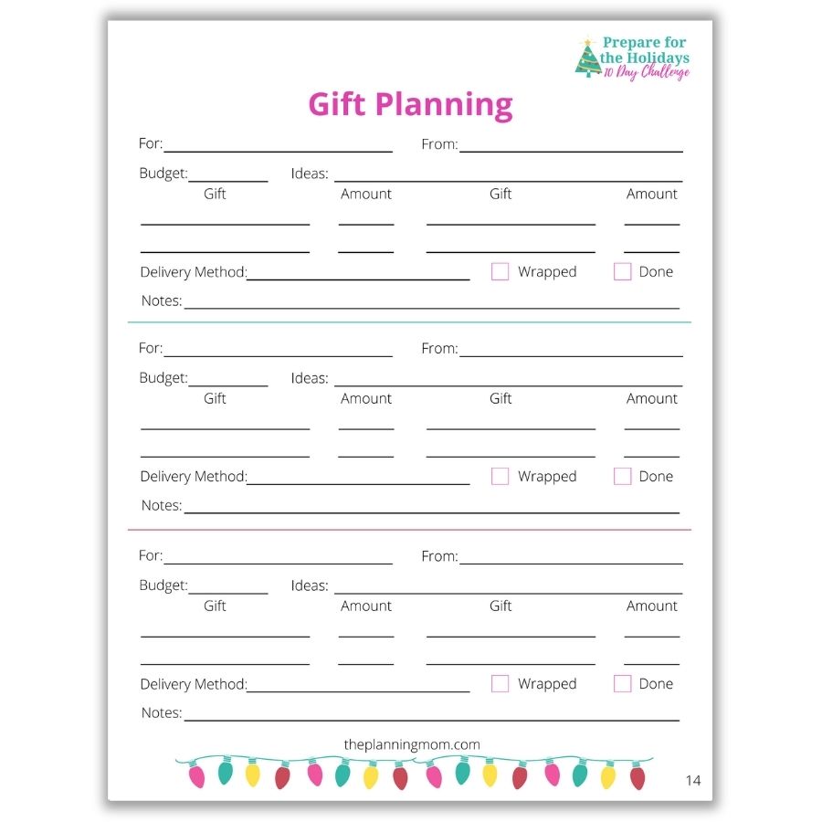 holiday gift planner, Christmas gift worksheet, organizing Christmas presents