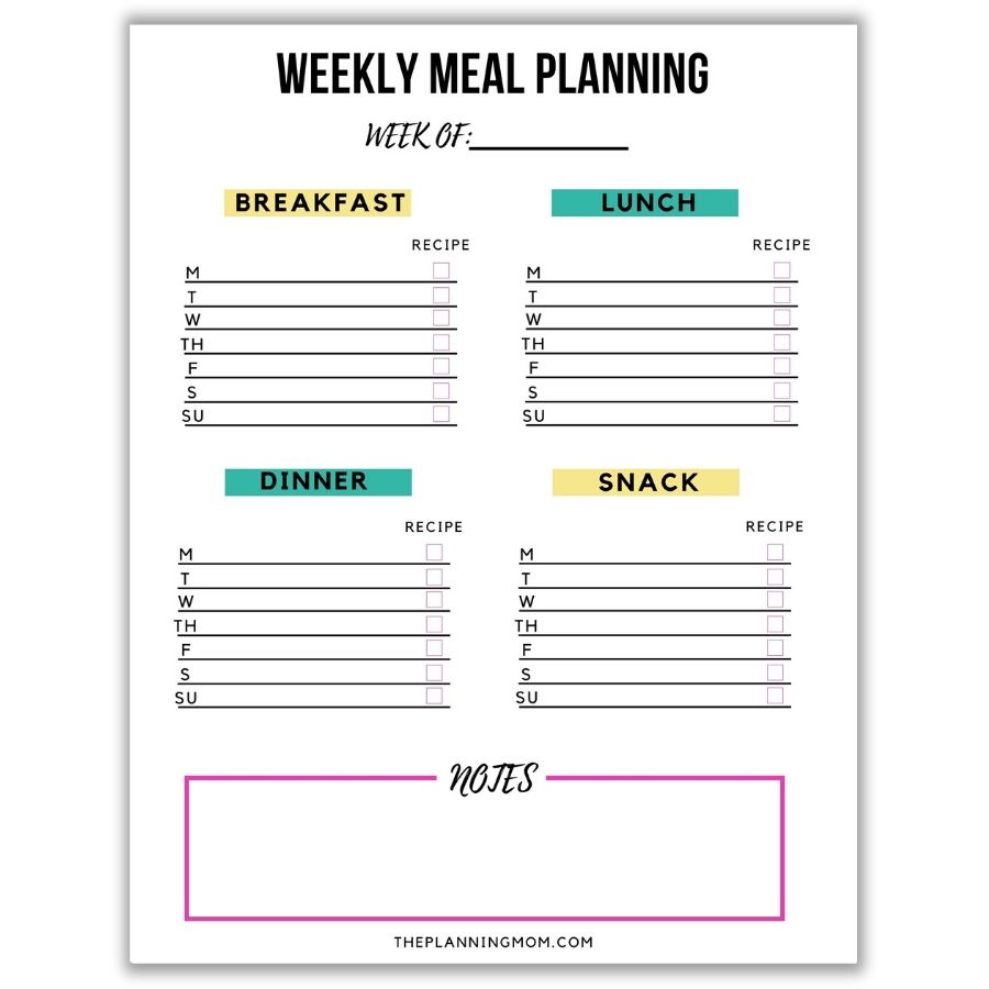 free meal planning printable, easy weekly meal planning template, free meal and snack planning sheet