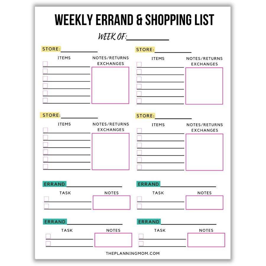 weekly errand worksheet, shopping planner, errand and shopping schedule, planning out errands