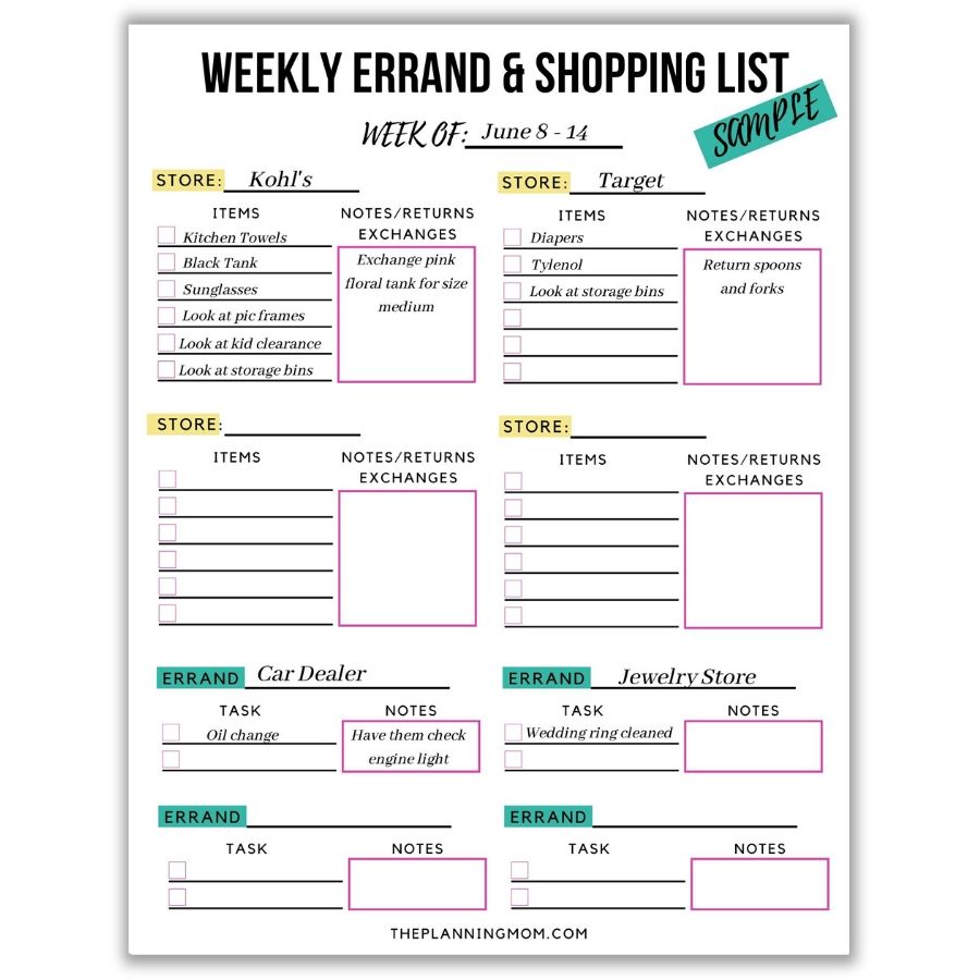 weekly errand and shopping list printable, weekly errand and shopping list template worksheet, weekly errand and shopping list sheet