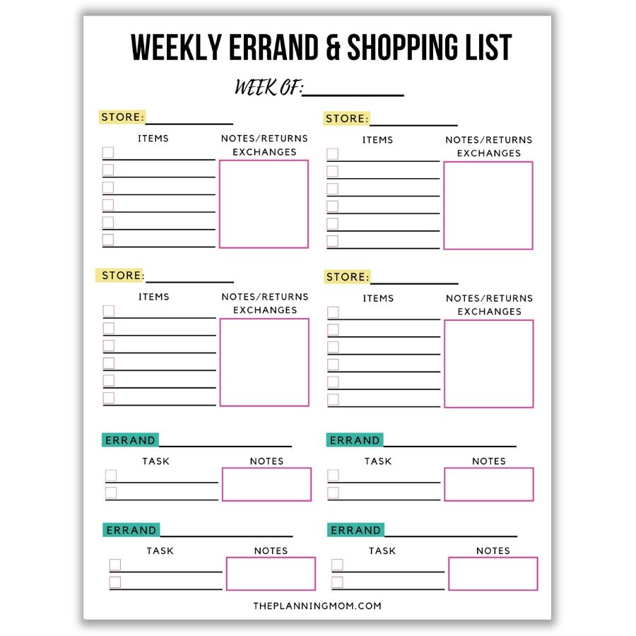 weekly errand and shopping list printable, weekly errand and shopping list template worksheet, weekly errand and shopping list sheet